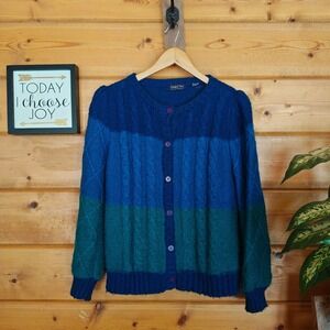 Langtry Too Vintage 90s Wool Blend Colorblock Sweater Cardigan Blue Green Size L